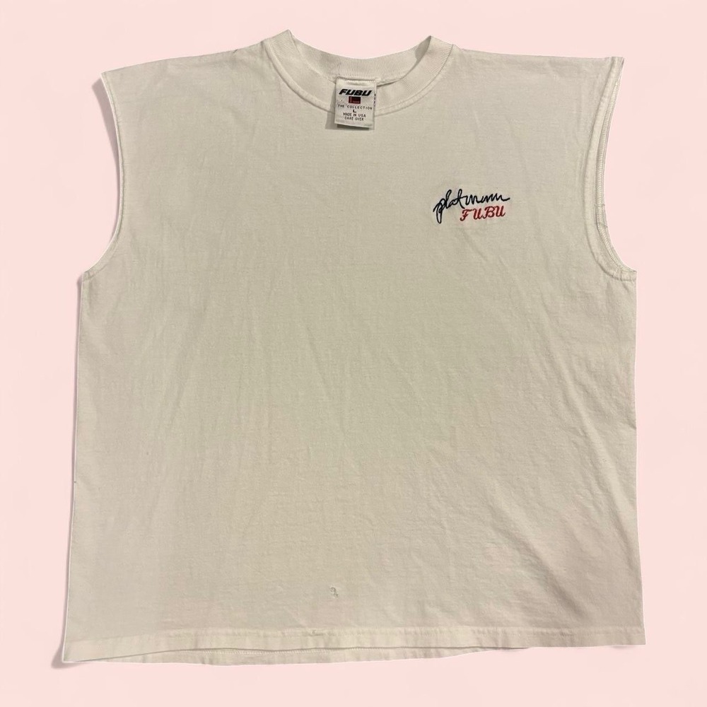 Vintage FUBU white sleeveless tee shirt 90's men's beach size large made in USA